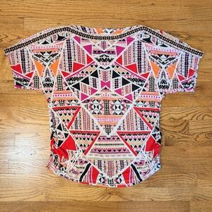 Dress Barn Women’s Geometric Print Blouse Split Sleeve Embellished Shoulder XL
